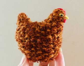 Red hen knitted in mohair and wool, stuffed, with little embroidered claw feet detail