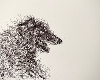 Lurcher dog sketch, black ink on white card