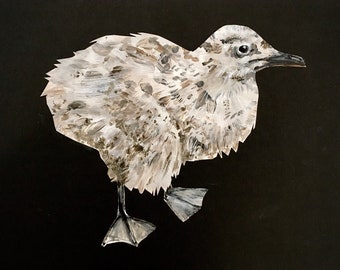 Herring gull (seagull) chick, original painting cut out fixed onto mount board