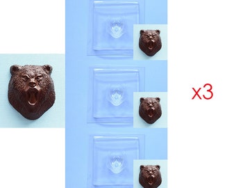 Juego de 3 moldes de chocolate con cabeza de oso realistas grandes