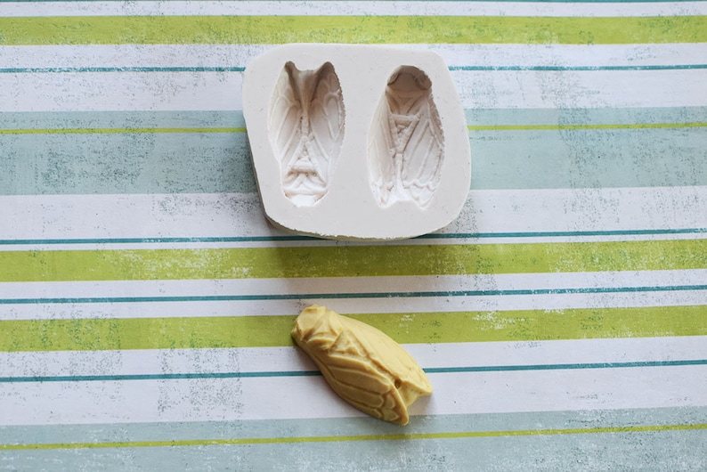 May include: A white silicone mold with two cicada wing impressions and a tan cicada. The mold is rectangular and sits on a striped background of white, green, and blue. The cicada is a detailed insect replica.