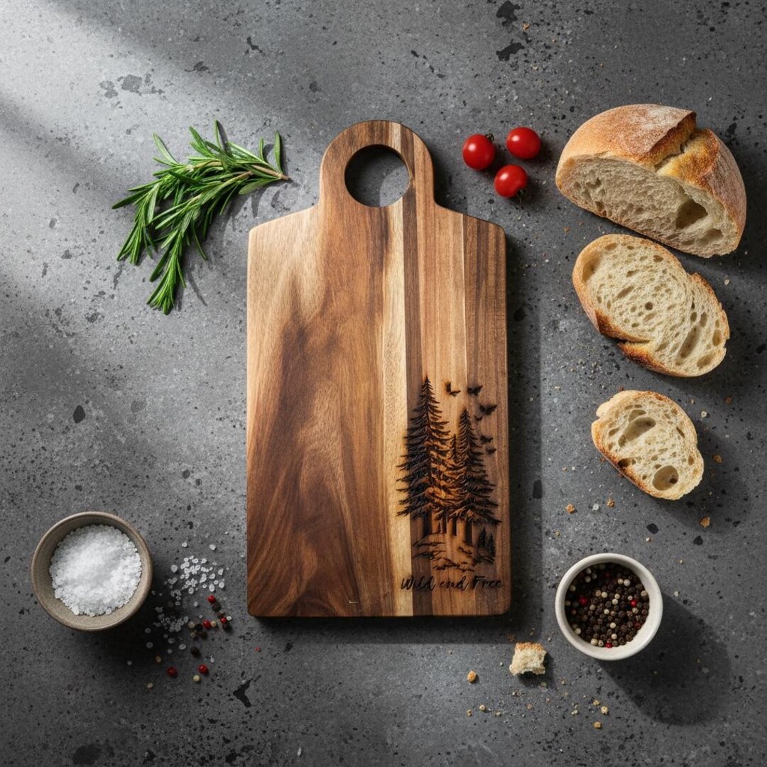 Acacia Wood Cutting Board With Handle - Kitchen - Laser Engraved - Wood ...