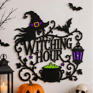 Letrero metálico de Halloween "La hora de las brujas", arte de pared de caldero de mago espeluznante, decoración de linterna púrpura brillante y enredaderas de calabaza, decoración de interior gótico espeluznante
