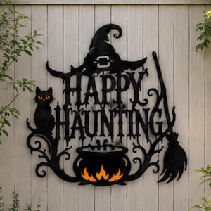Insegna in metallo di Halloween con calderone da strega, decorazione con pozione ribollente, tema gatto nero e scopa, decorazione murale spettrale e allegra, decorazione gotica inquietante