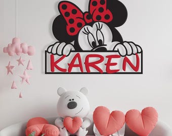 Custom Minnie Mouse Inspired Name Sign – Peek-A-Boo Metal Wall Art for Girls Room or Nursery – Personalized Disney Style Name Plaque