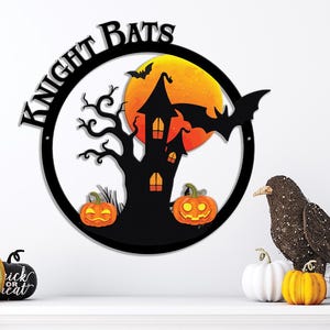 Personalized Halloween Metal Sign: Haunted House, Bats & Pumpkins