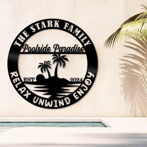 Personalized Poolside Metal Sign: Custom Family Name Patio Decor