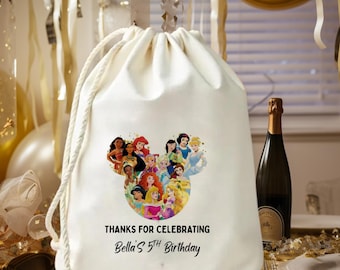 Bolsa de regalo de cumpleaños de princesa / Bolsa de dulces personalizada para fiesta de princesa / Bolsa con cordón personalizada para cumpleaños de niñas / Bolsa de dulces de cumpleaños de cuento de hadas
