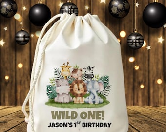 Sacchetto regalo di compleanno a tema selvaggio / Sacchetto per la festa del primo compleanno a tema safari / Sacchetto regalo personalizzato con animali della giungla / Sacchetto regalo personalizzato con coulisse