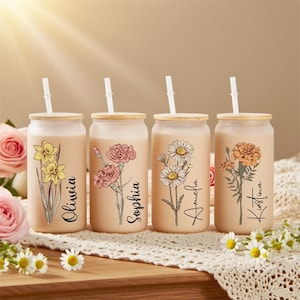 Personalized Iced Coffee Cup Floral Retro, Custom Can Glass with Lid and Straw, Bachelorette Glass Cup, Bridesmaid Gift, Bridesmaid Proposal
