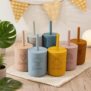 Personalized Silicone Baby Cup,Engraved Silicone Baby Cup with Name,Non-Spill Baby Training Cup with Straw,Newborn 1st birthday,Baby Gift
