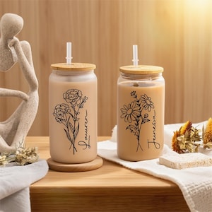Personalized Iced Coffee Cup, 16oz & 20oz Glass Cup, Custom Birth Flower Tumbler with Lid and Straw, Bridesmaid Gift, Bridesmaid Proposal