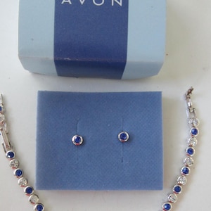 Vintage Avon Sapphire Blue and Crystal Tennis Bracelet Earrings Set Boxed
