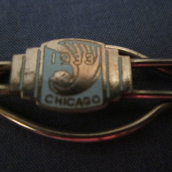 Vintage 1933 Chicago Worlds Fair Mens Enamel Tie Bar Clip.
