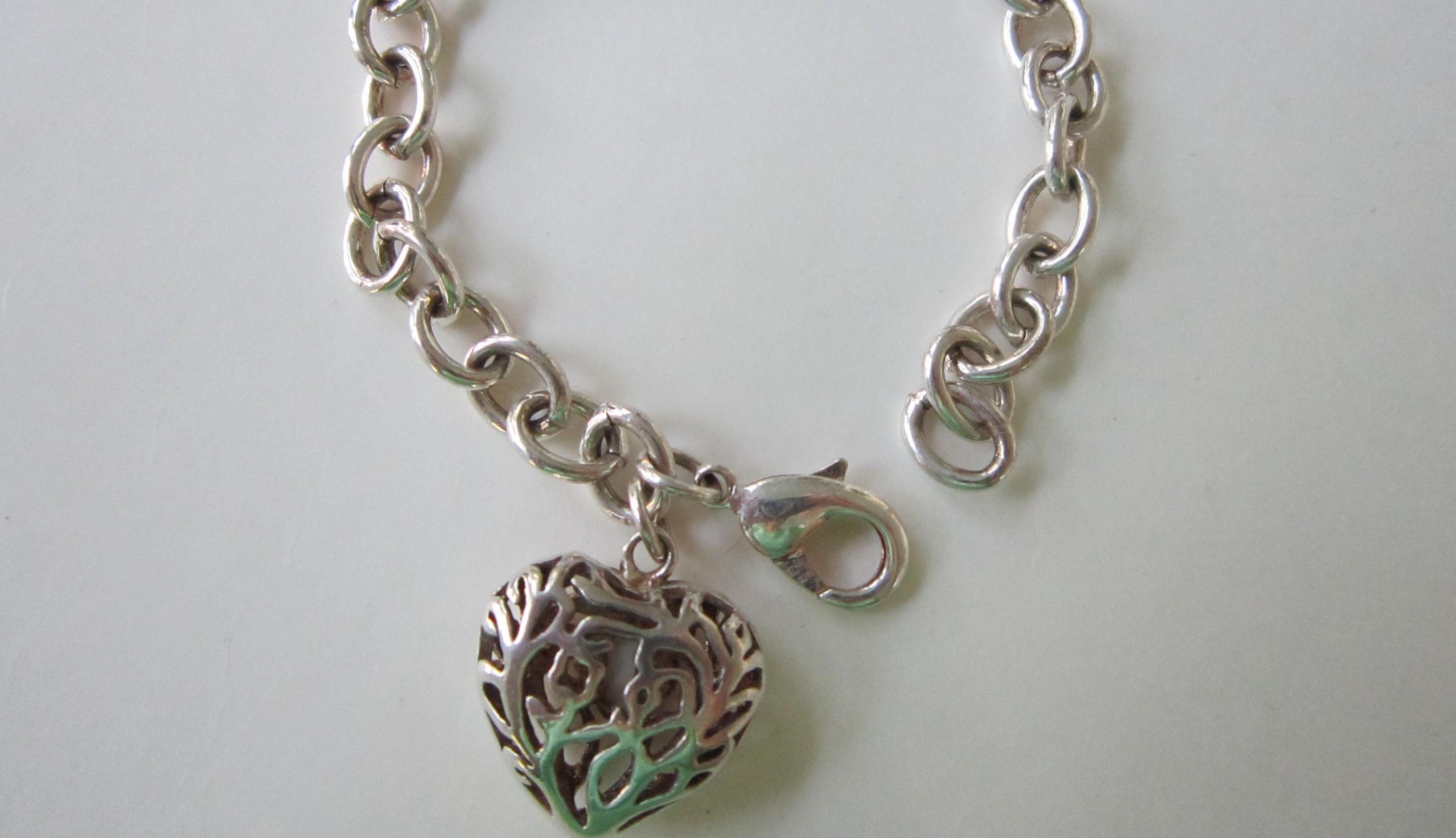 Vintage Sterling Silver BRACELET Filigree Puffy Heart Charm