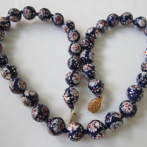 Vintage Chinese Cloisonne Enamel Beaded Knotted Necklace Blue Floral 26 inches