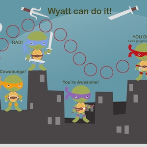 May include: A printable chart featuring Teenage Mutant Ninja Turtles characters with a motivational message for kids. The chart includes a progress tracker with circles to color in as a child completes tasks. The text on the chart reads "Wyatt can do it!" and "You did it! Let's go get some pizza!"
