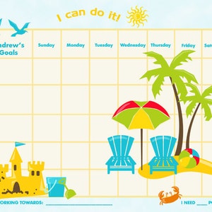 Puede incluir: Un gráfico imprimible con temática de playa para hacer un seguimiento de los objetivos. El gráfico tiene una cuadrícula amarilla y blanca con los días de la semana en la parte superior. Hay un castillo de arena, sillas de playa, una sombrilla, palmeras y un cangrejo en el gráfico. El texto "¡Puedo hacerlo!" está en la parte superior del gráfico. El texto "Los objetivos de Andrew" está en la esquina superior izquierda. El texto "Estoy trabajando hacia: " está en la esquina inferior izquierda. El texto "Necesito ___ puntos" está en la esquina inferior derecha.