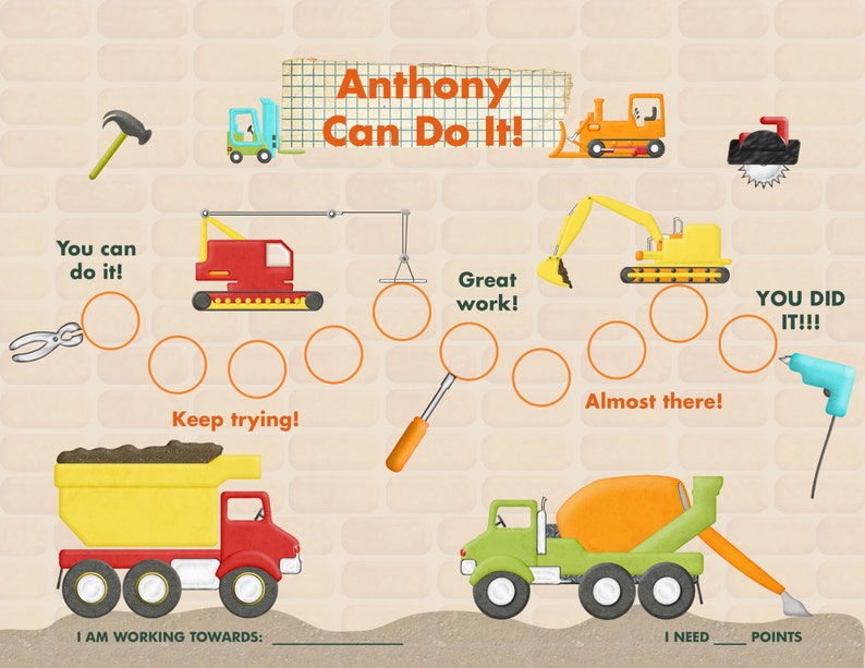 Personalized Chart for Kids Construction Adventure Printable PDF or Jpeg image 1