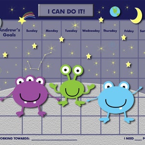 May include: A printable space-themed chart for children to track their goals. The chart features a rocket, stars, planets, and three friendly aliens. It includes the days of the week and the text "I Can Do It!" and "Andrew's Goals".