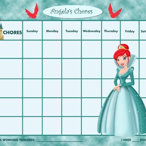 PRINTABLE Personalized Kids Chore Chart - Teal Princess - Printable Jpeg or PDF