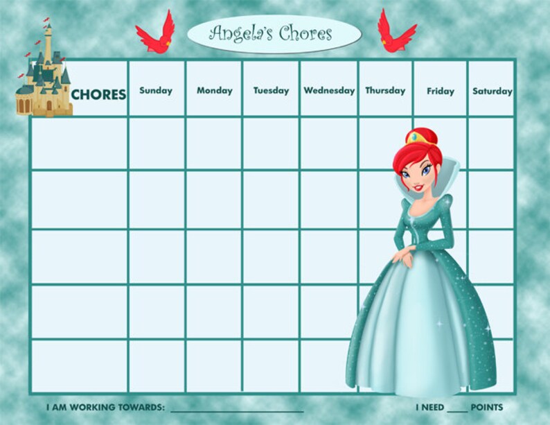 PRINTABLE Personalized Kids Chore Chart Teal Princess - Etsy