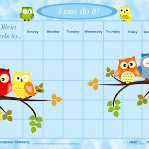 PRINTABLE Personalized Children's Reward Chart / Chore Chart - Owls -  Printable
