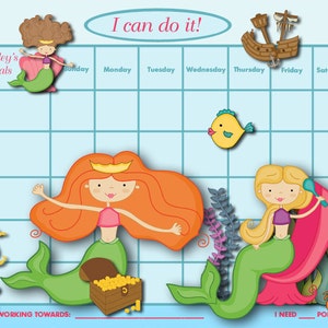 May include: A blue and green printable chart with the text "I can do it!" and "Shelley's Goals" at the top. The chart is divided into seven columns labelled "Sunday", "Monday", "Tuesday", "Wednesday", "Thursday", "Friday", and "Saturday". There are two mermaid illustrations on the chart, one with a crown and one with a hairbrush. The chart also includes a seahorse, a starfish, a crab, and a treasure chest.