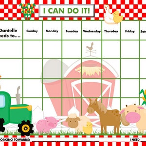 May include: A green tractor with a brown chicken on top, a pink barn, a brown horse, a white sheep, a yellow chick, and a brown and white cow. The image is a printable chore chart with the text "Danielle needs to..." and "I can do it!" at the top. The chart has days of the week listed across the top and blank spaces for writing in chores.