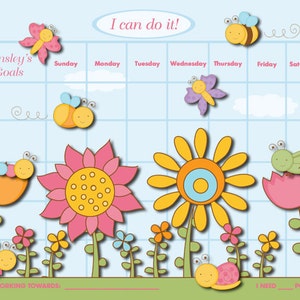 Op de afbeelding: Een kleurrijk schema met een raster van vierkanten, gelabeld met de dagen van de week, om doelen bij te houden. Het schema heeft een bloementuin-thema met zonnebloemen, vlinders en lieveheersbeestjes. De tekst "Ik kan het!" staat bovenaan het schema. De tekst "Ainsley's Goals" staat linksboven in het schema.