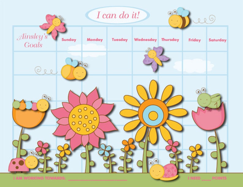 Personalized Child Reward Chart Cute Bugs Printable Jpeg PDF image 1