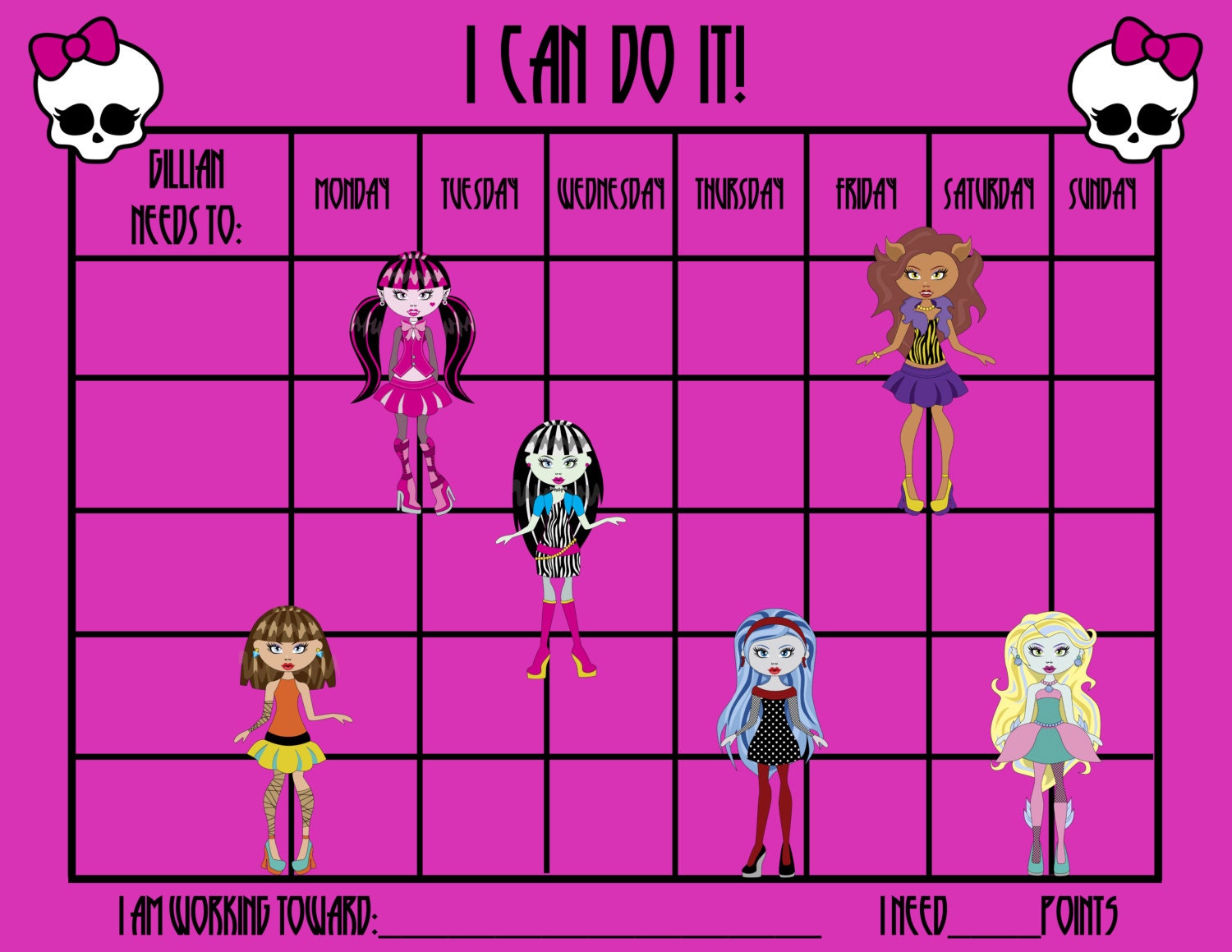 PRINTABLE Personalized Kids Chore Chart Monster High School Girls ...