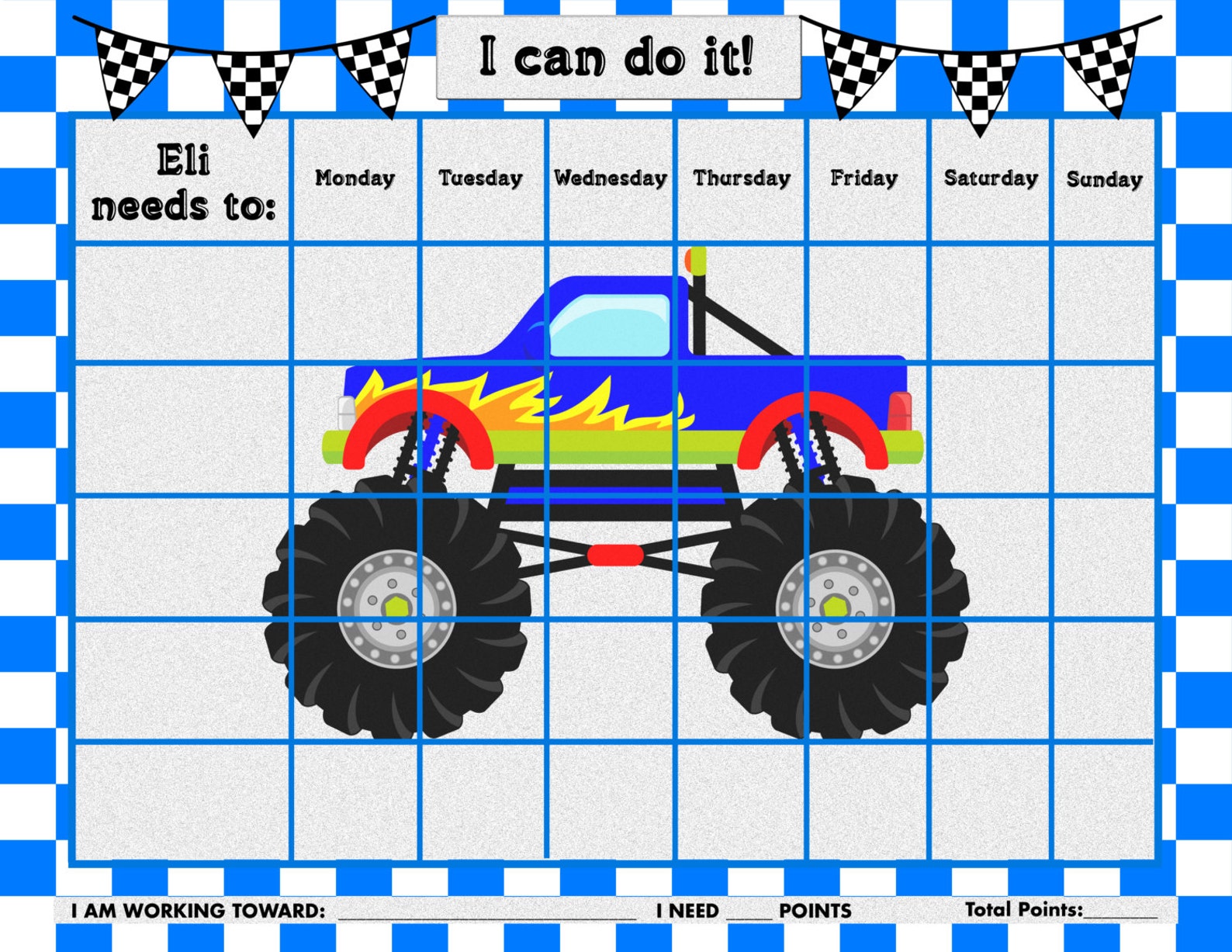 Printable Personalized Children's Chore/reward Chart - Monster Trucks ...