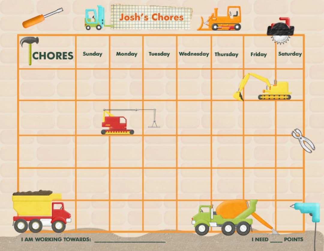 Personalized Chore Chart for Kids - Construction - Printable PDF or ...