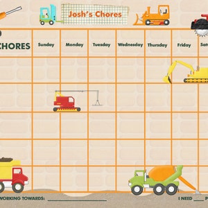 Personalized Chore Chart for Kids - Construction - Printable PDF or ...