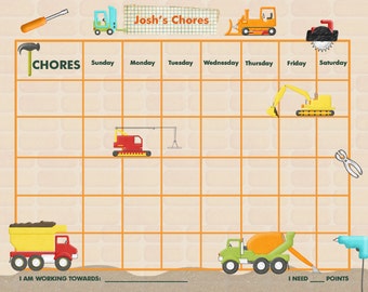 Personalized  Chore Chart for Kids -  Construction - Printable PDF or Jpeg