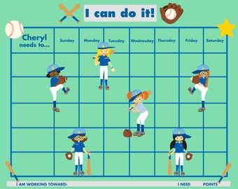 PRINTABLE PERSONALIZED Child Reward/Chore Chart - Girls' Baseball