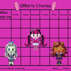 DRUCKBARE personalisierte Kinder-Chorkarte - Monster High School Girls VERSION 2- Druckbare Jpeg oder PDF