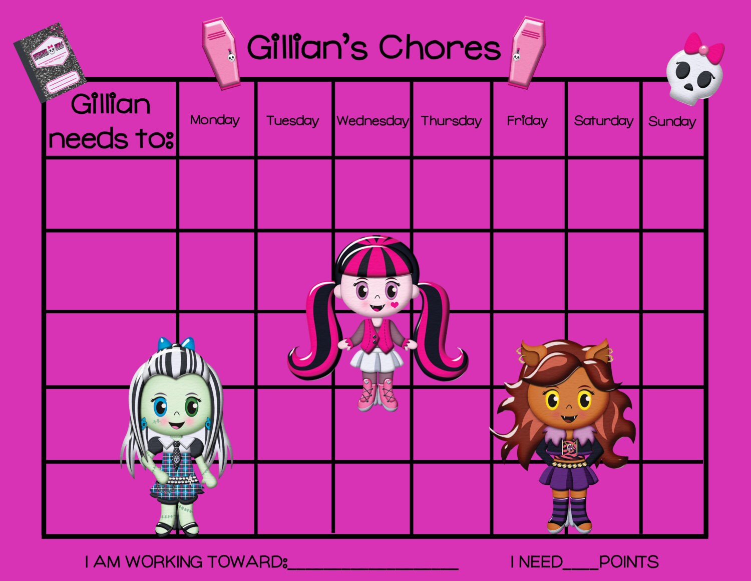 PRINTABLE Personalized Kids Chore Chart - Monster High School Girls ...