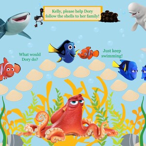 May include: A colourful illustration featuring characters from the movie Finding Dory. The characters are swimming around a group of seashells. The text "Kelly, please help Dory follow the shells to her family!" is at the top of the image. The text "You can do it!" is at the bottom left of the image. The text "You did it!" is at the bottom right of the image.