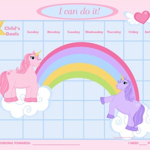 May include: A printable chart featuring a rainbow and two unicorns, one pink and one purple, on clouds. The chart is designed for a child to track their goals with a daily calendar and points system. The text on the chart reads "I can do it!" and "Child's Goals".