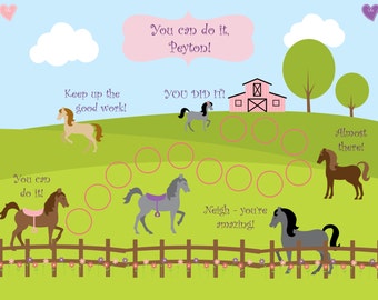 May include: A colourful printable chart with a horse theme. The chart features a horse jumping over a series of hoops. The text on the chart reads "You can do it, Peyton!"  "Keep up the good work!" "You did it!" "Neigh - you're amazing!" and "Almost there!"
