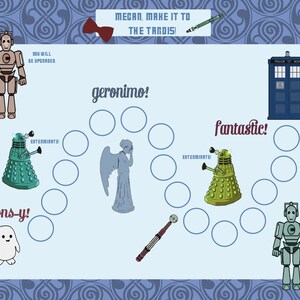 May include: A blue and white TARDIS, a symbol of the Doctor Who television series, is surrounded by characters from the show, including a Dalek, a Weeping Angel, and a Cyberman. The text "MEGAN, MAKE IT TO THE TARDIS!" is at the top of the image. The text "geronimo!" is in the center of the image. The text "fantastic!" is on the right side of the image. The text "allons-y!" is on the left side of the image.