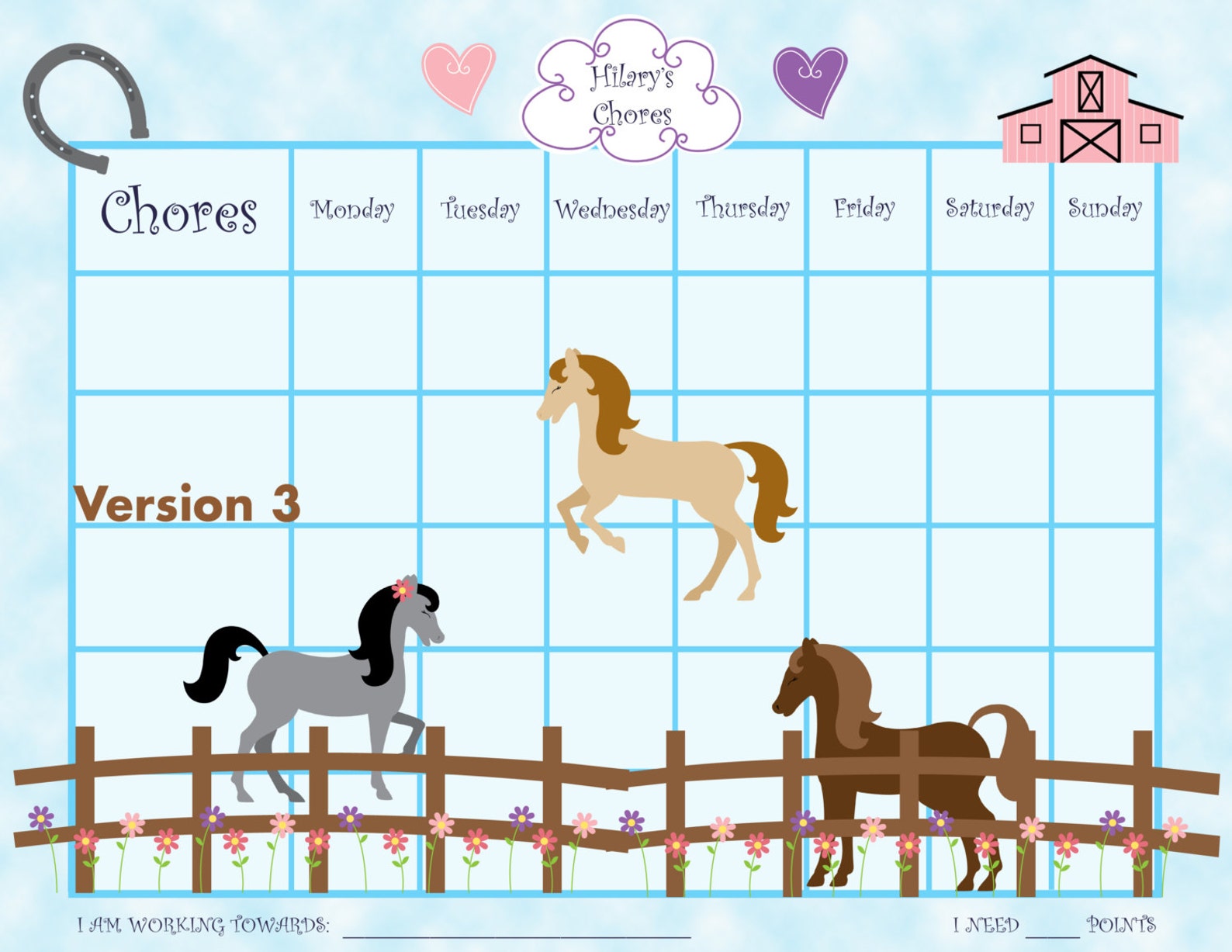 PRINTABLE Personalized Kids Chore/reward Chart - Horses- 3 VERSIONS to Choose From! Printable ...