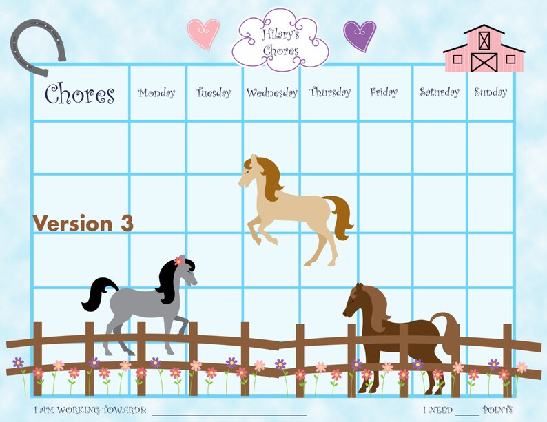 printable personalized kids chorereward chart horses 3 etsy