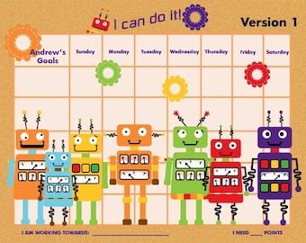 PRINTABLE Personalized Incentive Chart for Kids  - Robots - Three Color Schemes (orange, purple, blue) - Printable PDF Jpeg