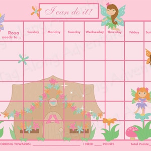 Puede incluir: Un gráfico imprimible rosa y marrón con un tema de hadas. El gráfico tiene una cuadrícula con los días de la semana en la parte superior. El gráfico también incluye una sección para "Rosa necesita..." y una sección para "Estoy trabajando hacia..." y "Necesito... puntos".