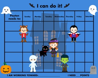 PRINTABLE Personalized Kids Chore/Reward Chart - Halloween Characters - FIVE Colours Printable Jpeg or PDF