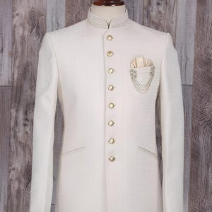 Jeeva Fashions New Stylish Partywear Formal White Bandhgala Jodhpuri Coat Pant Suit For Men.