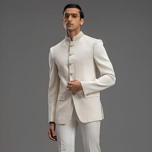 Jeeva Fashions New Stylish Partywear Formal White Bandhgala Jodhpuri Coat Pant Suit For Men.